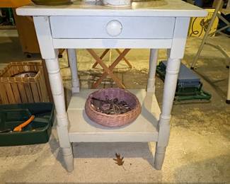 Vintage BlueGrey Wooden Side Table with Drawer and Turned Legs