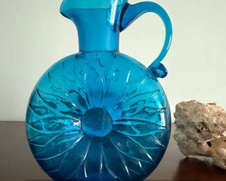 Blue Glass Pitcher with Embossed Sunflower Design