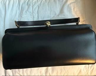 Vintage Black Leather TopHandle Handbag with Rose Clasp