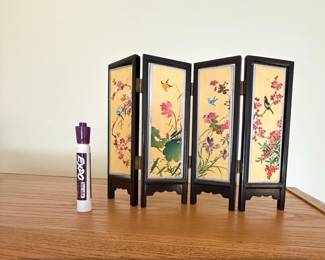 Vintage Miniature FourPanel Oriental Table Screen with Birds and Flowers