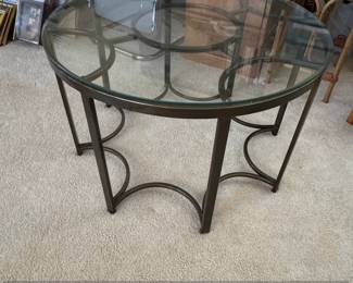 Creedence Glass Topped Geometric Openwork Bronze Finished Accent Table
