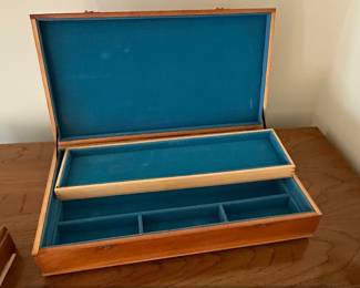 Vintage Wooden Jewelry Box with Blue Velvet Lining