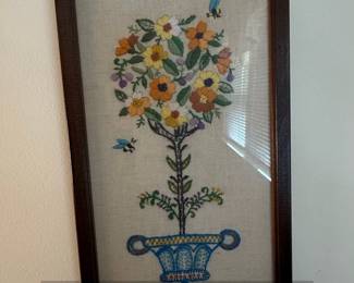 Vintage Crewel Embroidery Floral Topiaries with Birds and Bees third image