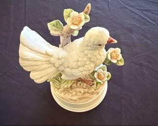 Vintage Porcelain Music Box White Dove on Branch with Flowers