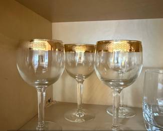 Vintage Cellini K Gold Banded Etched Crystal Wine Glasses