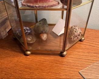 Vintage Hexagonal Glass and Brass Display Cabinet with Assorted Minerals fourth image