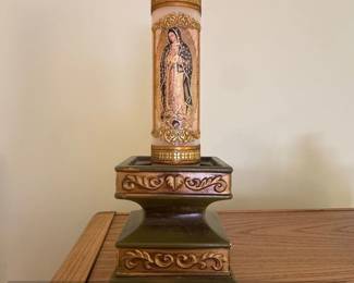 Our Lady of Guadalupe Prayer Candle with Ornate Green Holder