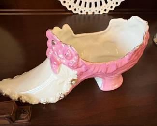 Vintage Pink Ceramic High Heel Shoe Planter or Trinket Dish with Gold Trim