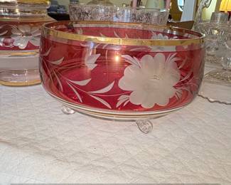 Bohemian Cranberry Etched Glass Footed Bowl and Covered Jar with Gold Gilt Accents second image