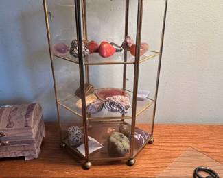 Vintage Hexagonal Glass and Brass Display Cabinet with Assorted Minerals