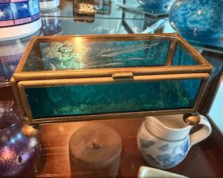 Vintage Teal Blue Etched Glass and Brass Jewelry Box second image