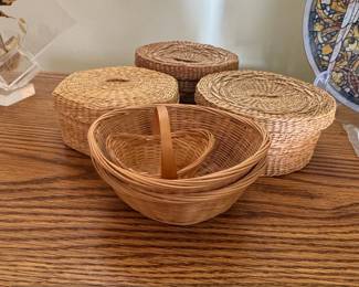 Set of Woven Rattan Baskets with Lids and Nested Baskets