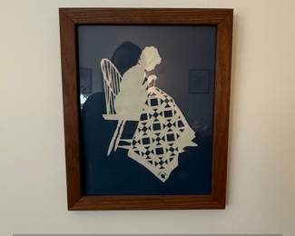 Framed Scherenschnitte Silhouette of a Woman Quilting
