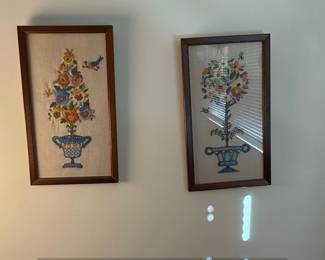 Vintage Crewel Embroidery Floral Topiaries with Birds and Bees