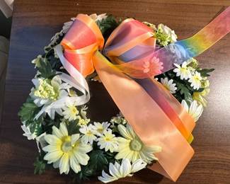 Artificial Floral Wreath with Rainbow Ribbon