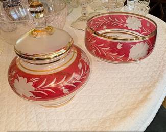 Bohemian Cranberry Etched Glass Footed Bowl and Covered Jar with Gold Gilt Accents