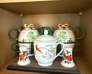 Vintage Christmas Cardinal Teapot Set with Salt and Pepper Shakers