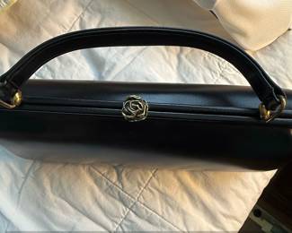 Vintage Black Leather TopHandle Handbag with Rose Clasp second image