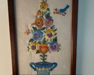 Vintage Crewel Embroidery Floral Topiaries with Birds and Bees second image