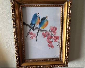 Watercolor Painting of Two Bluebirds on a Branch with Blossoms by Nan Rae