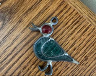 Vintage Art Nouveau Bird Brooch with Red Stone and Green Enamel