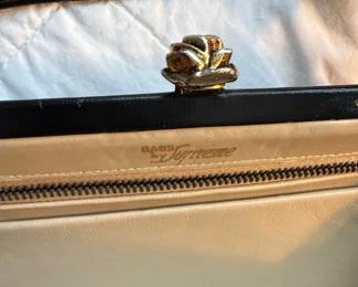 Vintage Black Leather TopHandle Handbag with Rose Clasp fifth image