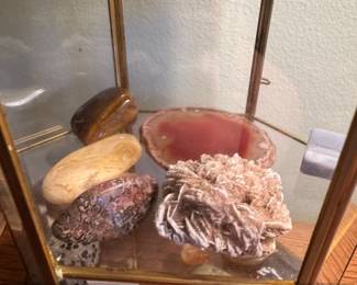 Vintage Hexagonal Glass and Brass Display Cabinet with Assorted Minerals third image