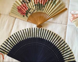 Vintage Japanese HandPainted Silk Fan with Birds and Peonies