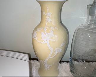 Chinese Yellow Ground Vase with White Paste Birds and Blossoms, Jingdezhen Zhi Mark