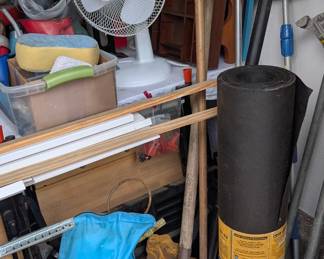 Roofing underlayment roll, yard tools, portable work bench