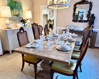 Madegoods console, Visual Comfort Lamps, Carved wooden mirror, new console, and stunning china sets