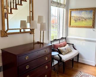 "Preparing for the Races" Gaunt 22" x 30" oil on board- gilt mirror- antique chest