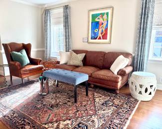 Antique Heriz Rug, Leather sofa from Va Wayside, DIVINE garden stool, original art, custom pillows...