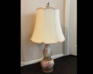 Vintage Floral decorated porcelain and brass lamp with shade