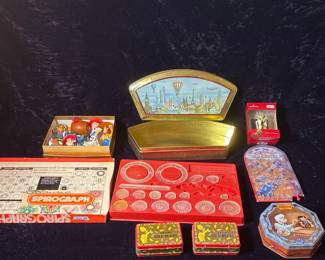 Vintage toys, tins, spirograph, and Yoda ornament
