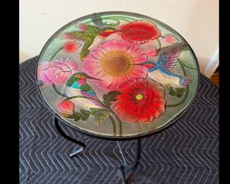 Hummingbird art, glass side table