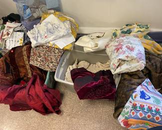 Quimper tablecloth, crocheted bedspread, IKEA bedspread, blue & white toile fabric, Pottery Barn Kids bedspread