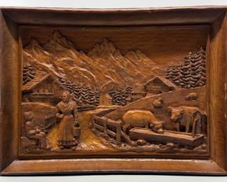Vtg. Hand Carved Wood Folk Art Relief Alpine Scene