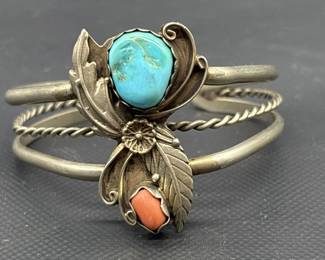 Child's Size Silver Tone w/ Turquoise & Coral Cuff