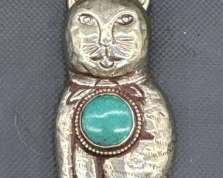 Silver Tone Cat Pendant w/ Turquoise-Color Stone