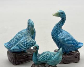 (3) Vintage Turquoise Porcelain Geese Figurines