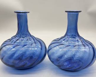 Pair Blue Swirl Blown Glass Flask Vases
