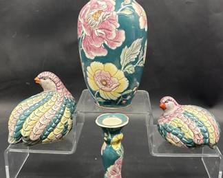 (4) Asian Porcelain Green w/ Pink & Yellow Flower