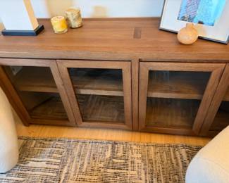 $1600. Restoration Hardware Brûlé  glass front media sideboard.  Originally $2872  It is 72 inches wide by 18 inches deep by 28 inches high.  Accessories shown are only available during in-person shopping hours Friday and Saturday.