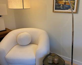 $2950. A pair of Restoration Hardware Sylvain natural Italian bouclé performance fabric chairs.  Currently selling for $4570 member price plus tax and shipping online.   Each chair is 44 inches wide by 38 inches deep by 33 inches high. In excellent condition. The other pieces are detailed in the following photos.