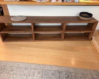 $1200.   Restoration Hardware Oak Brûlé waterfall 96" sofa back console.  96" x 14"d x 24"h.  Each shelf is 9.25”h.   Originally $2850.  No longer available online.
