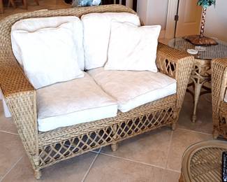 Lexington wicker loveseat 55" , Lexington wicker end tables with glass tops (2)