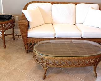 Lexington wicker Sofa 76" with brand new never used cushions.  Lexington wicker end table and cocktail table with glass tops. There are 2 of each as seen in previous pictures.