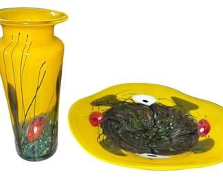 SIGNED Handblown Art Glass Vase and Bowl 