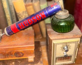 1950s Hudson bug sprayer (or duster) with a green glass jar